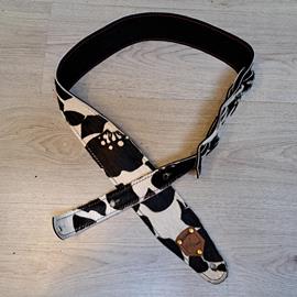 Accessories 10/9 ème Musicwear - Sangle guitare ou basse en cuir noir et blanc poilu doublé noir piqûres noire - Straps