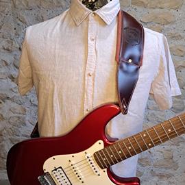 Accessories 10/9 ème Musicwear - Sangle pour guitare/basse en cuir marron, rembourrée, doublée tissus vercors terra cotta - Straps